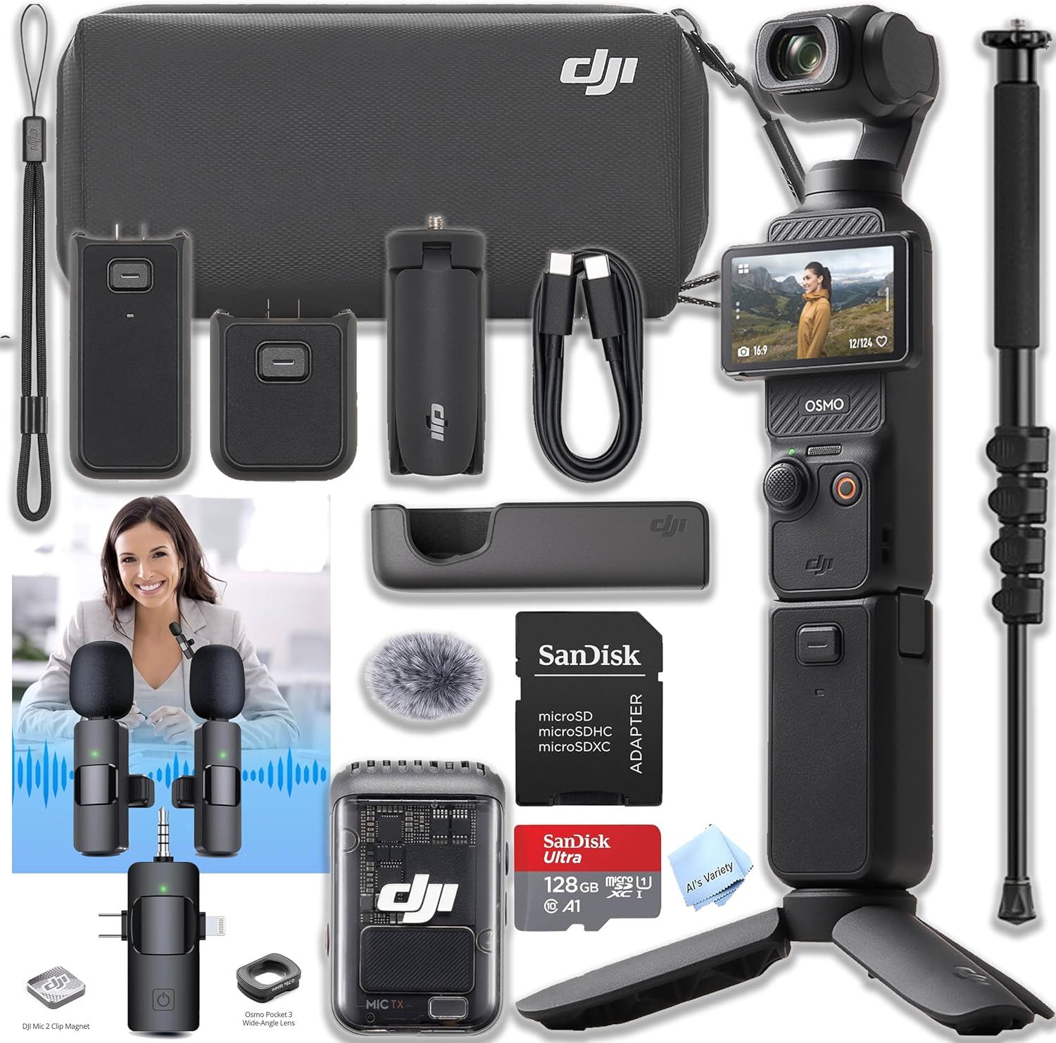 DJI Osmo Pocket 3 Creator Combo Bundle with Clip-On Transmitter/Recorder, Wide Angle Lens, Battery Handle, Mini Tripod, Carrying Bag + 128GB Micro SD Card, Monopod - Image 2